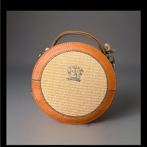 Praresti Firenze Woven Straw and Tan Leather Round Crossbody Bag